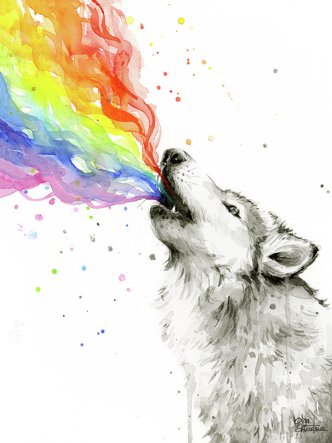 674x900 Wolf Rainbow Watercolor Painting By Olga Shvartsur