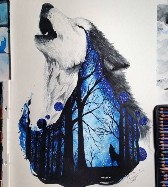 536x596 Wolf In Night, Jonna Candy, Watercolor Pencils, 2017 Art