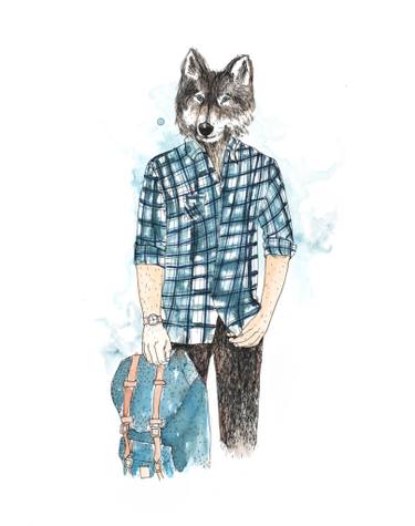 375x475 Martin Watercolor Wolf Portrait In Checked Shirt Drawing By Agnes