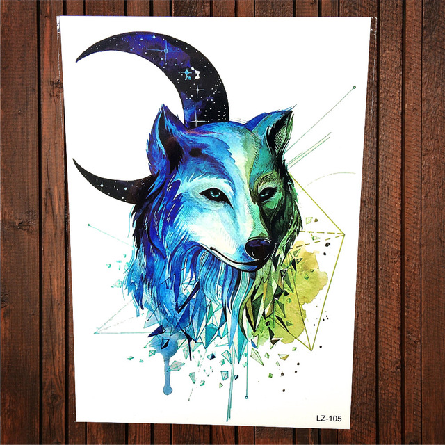 640x640 Watercolor Painting Geometry Blue Wild Wolf King Temporary Tattoo
