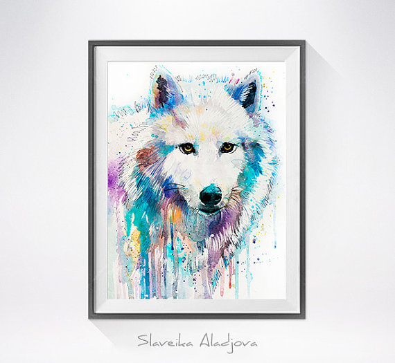 570x525 Arctic Wolf Watercolor Painting Print , Wolf Art