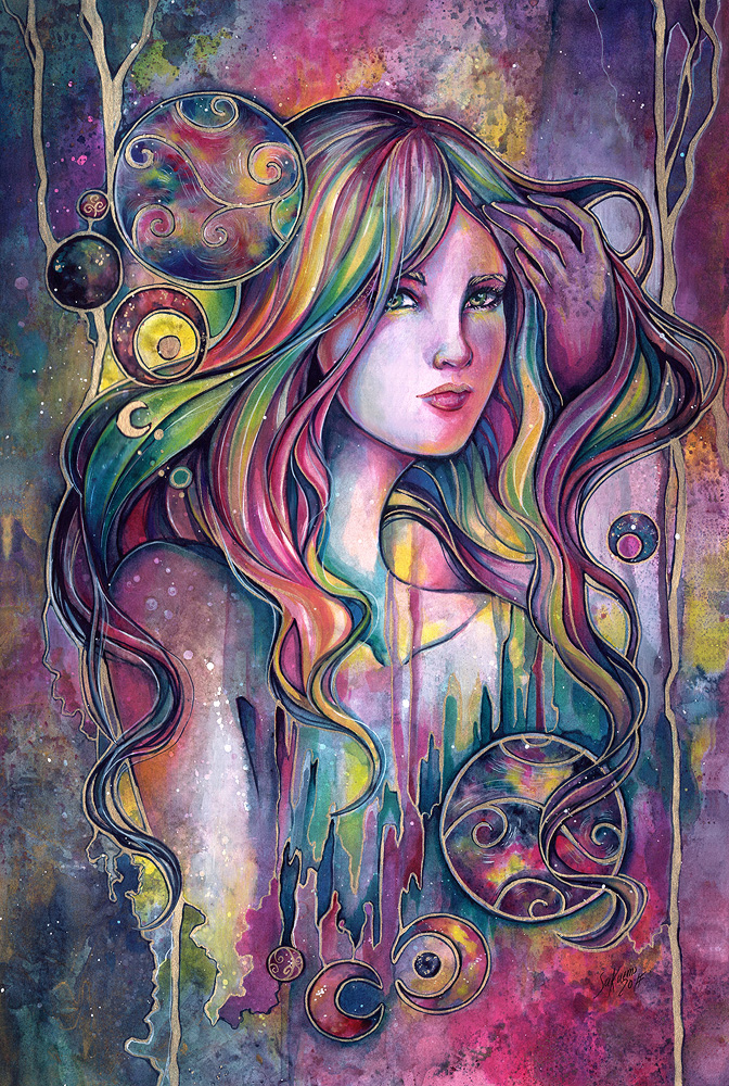 672x1000 Oracle Fantasy Space Galaxy Woman Watercolor Art By Sakuems On