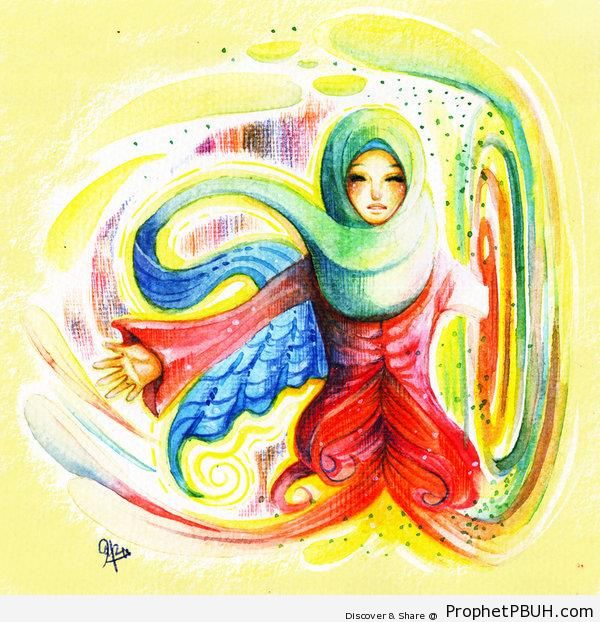 600x622 Hijabi Muslim Woman Watercolor Paintings Drawings Prophet Pbuh
