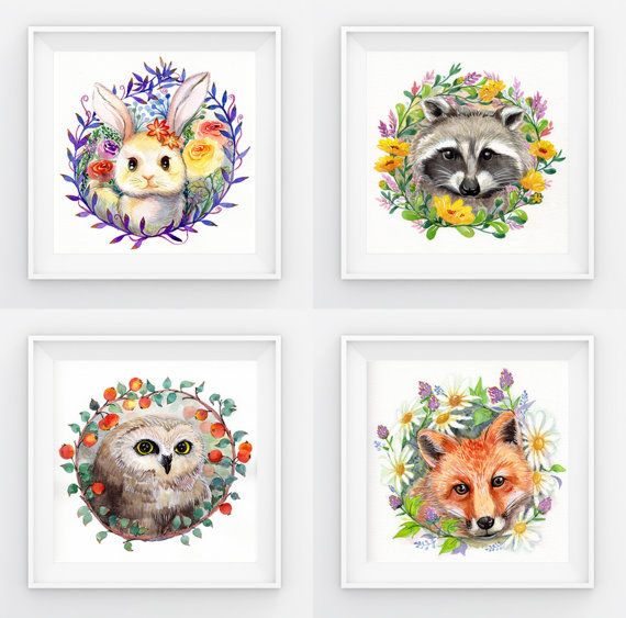 570x563 Woodland Animals And Flowers Watercolor By Joyeverydaycreations