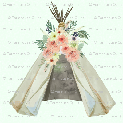 400x400 Mint Teepee Flowers Woodland Watercolor Fabric