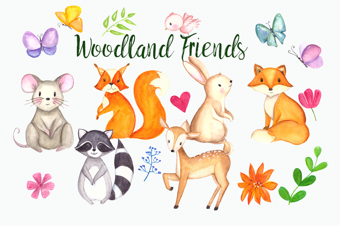 1158x772 Woodland Friends Watercolor Clip Art Set