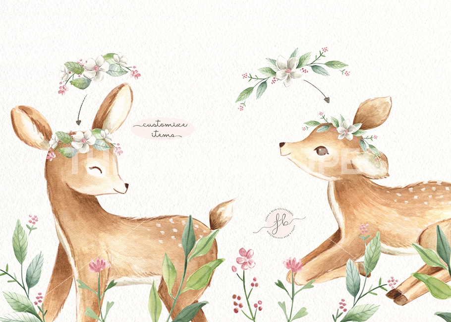 910x649 Baby Deers Woodland Watercolor Clipart Set By Flora Amp Bear