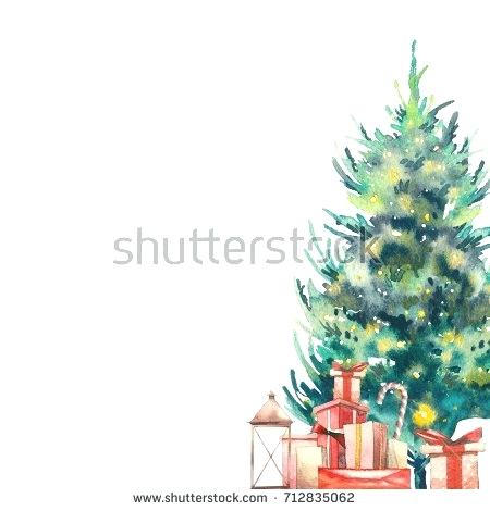450x470 Christmas Tree Card Template Watercolor Hand Drawn Holiday Frame