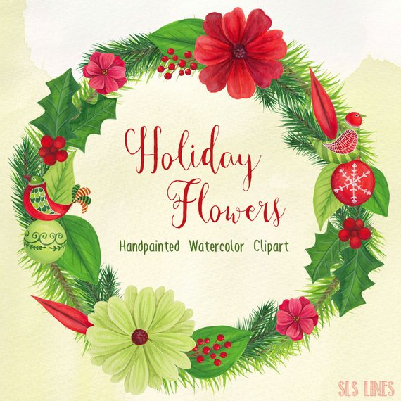 570x570 Watercolor Christmas Clipart Xmas Graphics Holiday Wreath Etsy