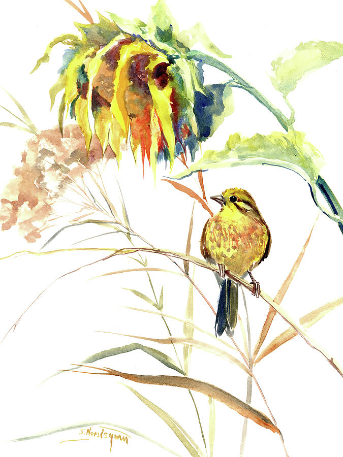 675x900 Yellow Bird And Flower, Sunflower And Yellowhammer Painting By