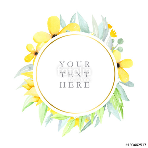 500x500 Round Floral Frame With Watercolor Flowers And Leaves, Yellow