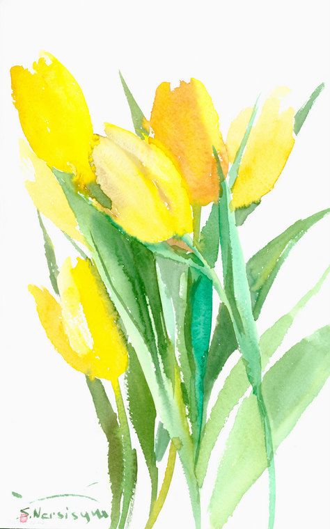 474x760 Yellow Tulips, Bright Yellow Green Original Watercolor Painting