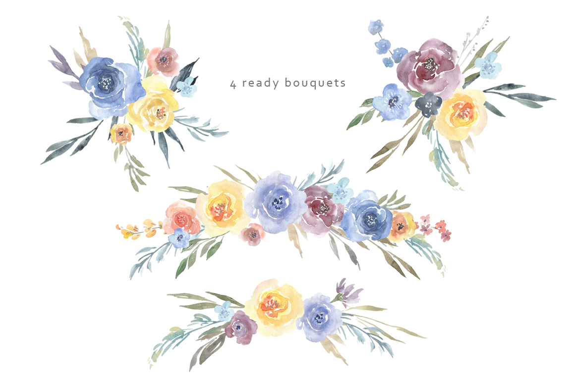 1160x772 Watercolor Blue Yellow Flowers Bouquets Png By Watercolorflowers
