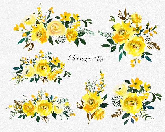 570x456 Yellow Watercolor Flowers Peonies Roses Clipart Set Wedding Floral