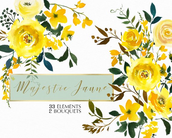 570x456 Yellow Watercolor Flowers Roses Clipart Set Wedding Floral Etsy