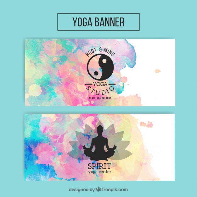 626x626 Watercolor Yoga Banners With Yin Yang Symbol And Silhouette Vector