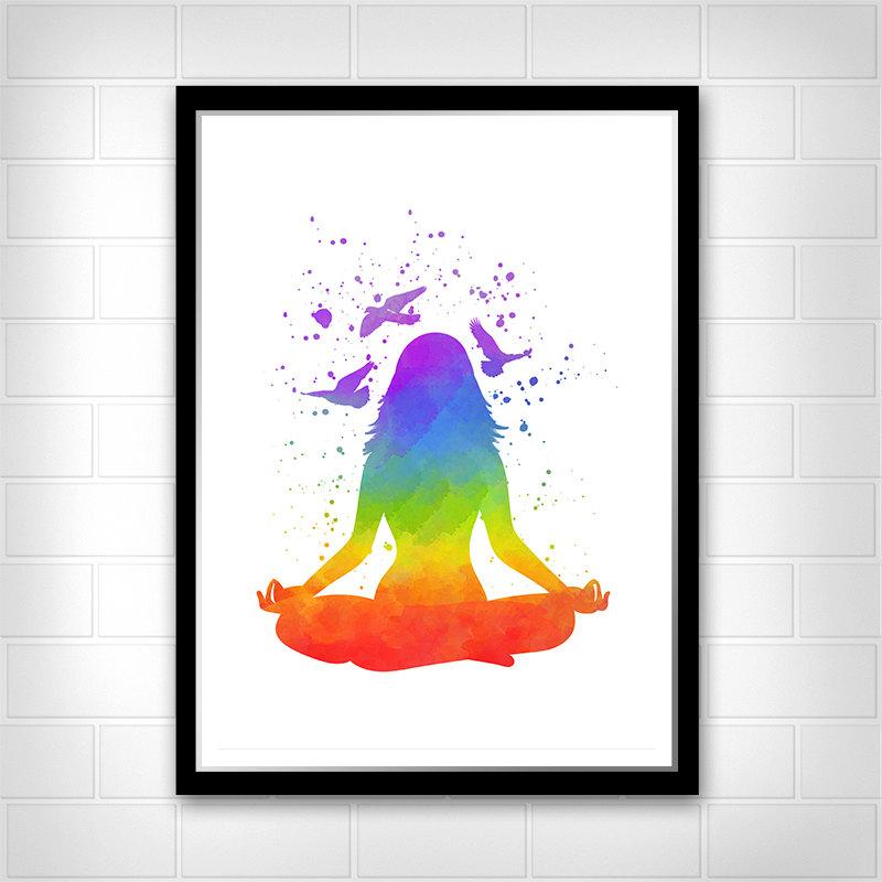 800x800 Yoga Print, Rainbow Watercolor Woman Lotus Yoga Pose, Wall Art