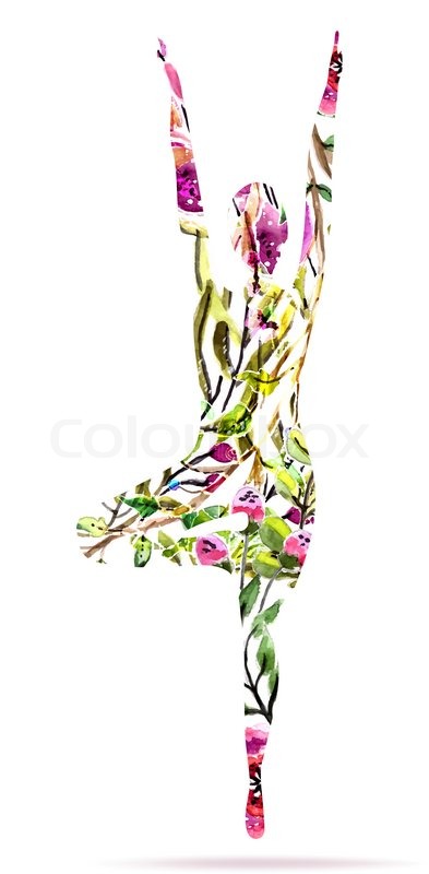 393x800 Yoga Pose, Watercolor Bright Floral Illustration Over White