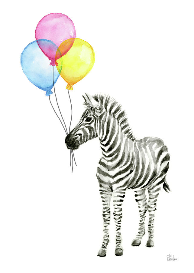 642x900 Zebra Watercolor With Balloons Painting By Olga Shvartsur