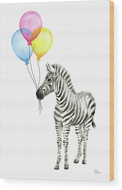 472x732 Zebra Watercolor With Balloons Wood Print By Olga Shvartsur