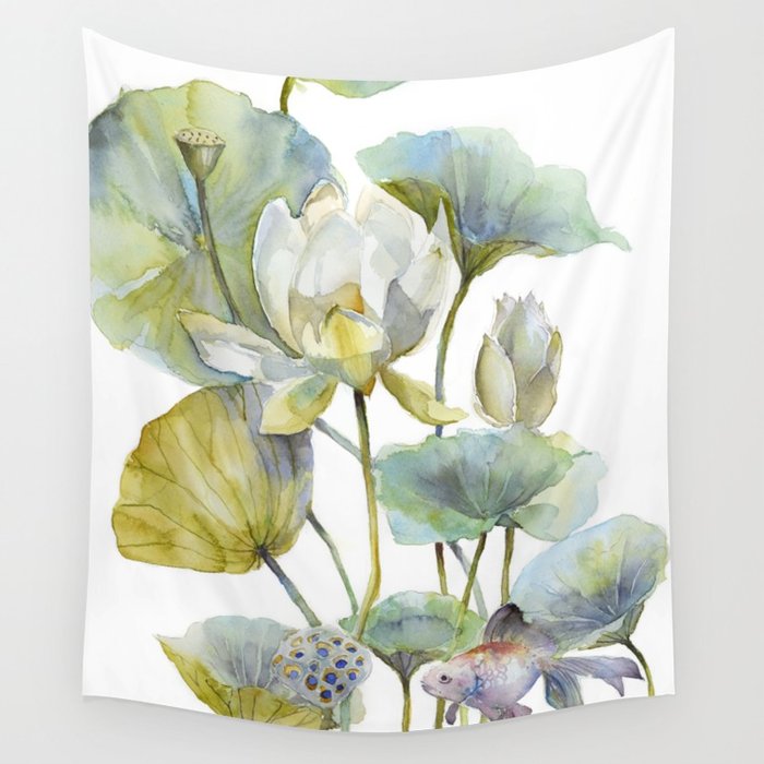 700x700 Lotus Plant And Fish Zen Design Watercolor Muted Pallet Botanical
